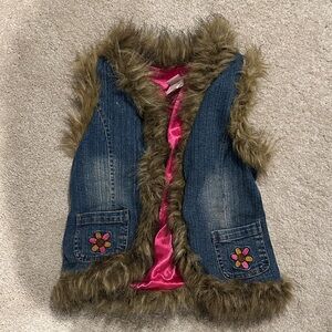 Lipstick Boutique Denim Vest with Faux Fur and Pink Satin Lining